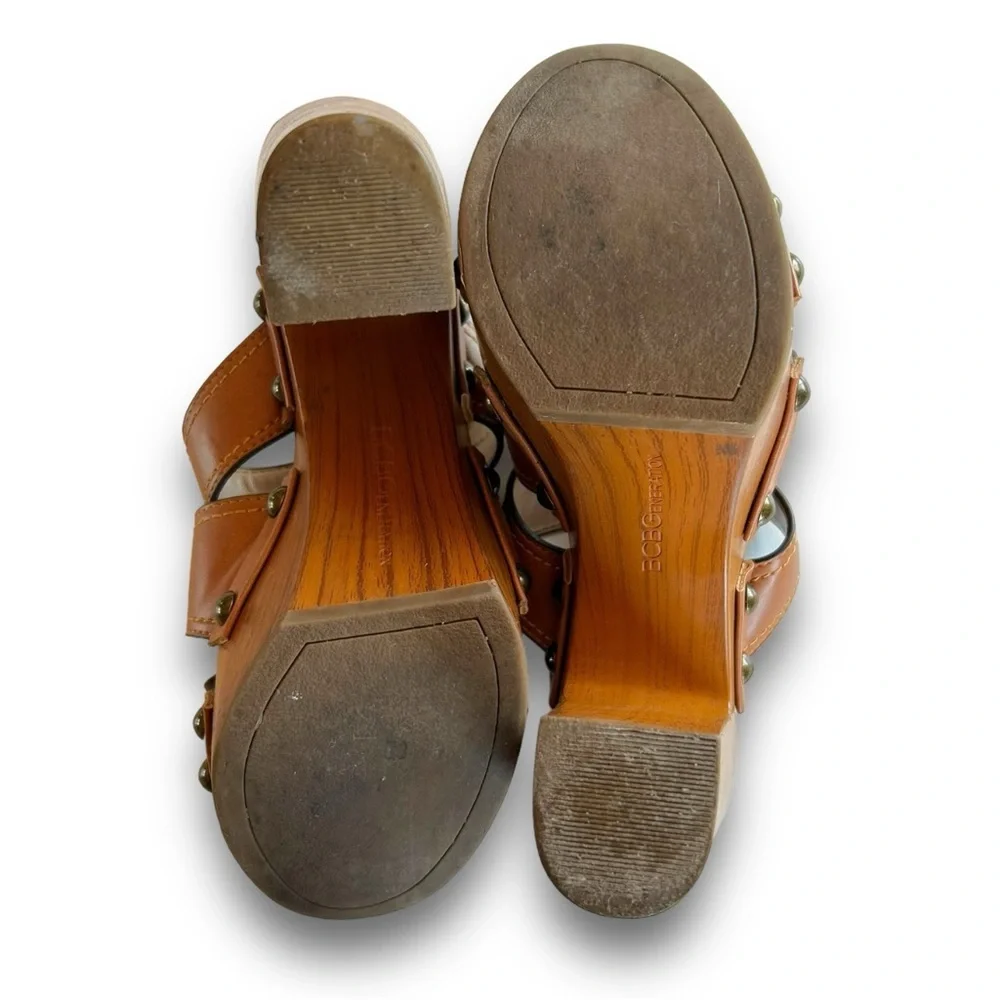 BCBGeneration Zadie Cognac Faux Leather Woodgrain Platform Mule Sandals Size 6